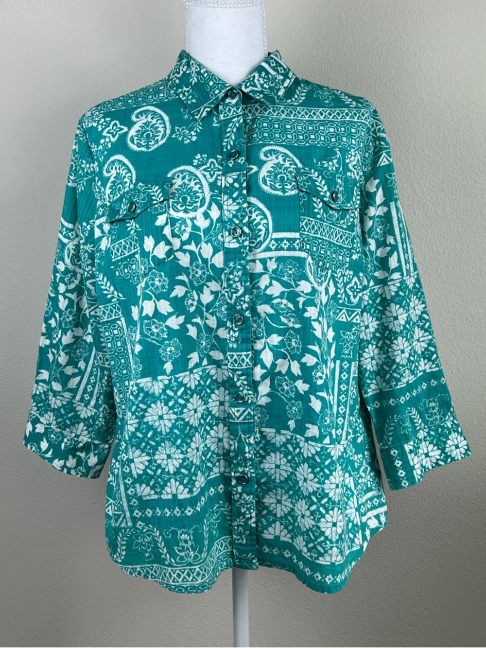 Karen Scott XL Teal White‎ Paisley Button Up Shirt Cotton Boho Resortwear Artsy